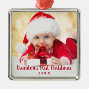 Baby First Christmas Red Script Foto Square Ornament Aus Metall