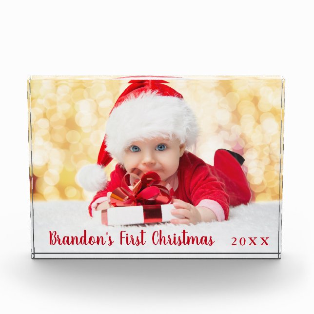 Baby First Christmas Red Script Fotoblock (Vorderseite)