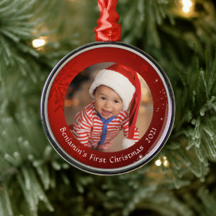Baby First Christmas Red Snowflake Foto Keepake Ornament Aus Metall