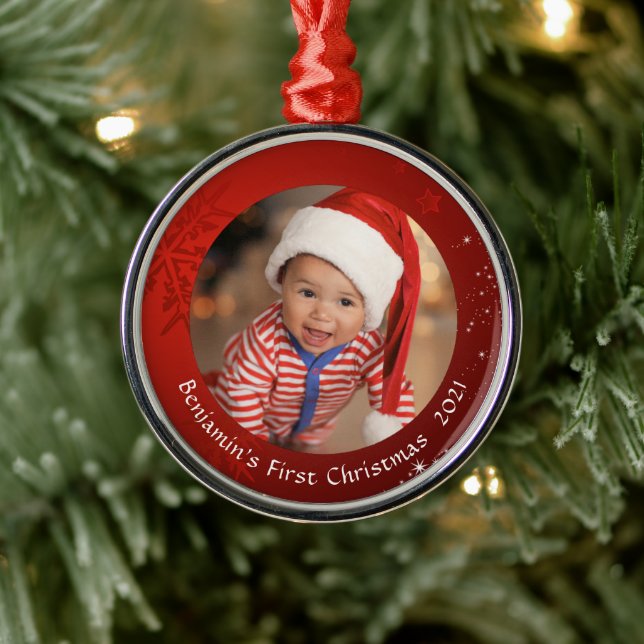 Baby First Christmas Red Snowflake Foto Keepake Ornament Aus Metall (Baum)