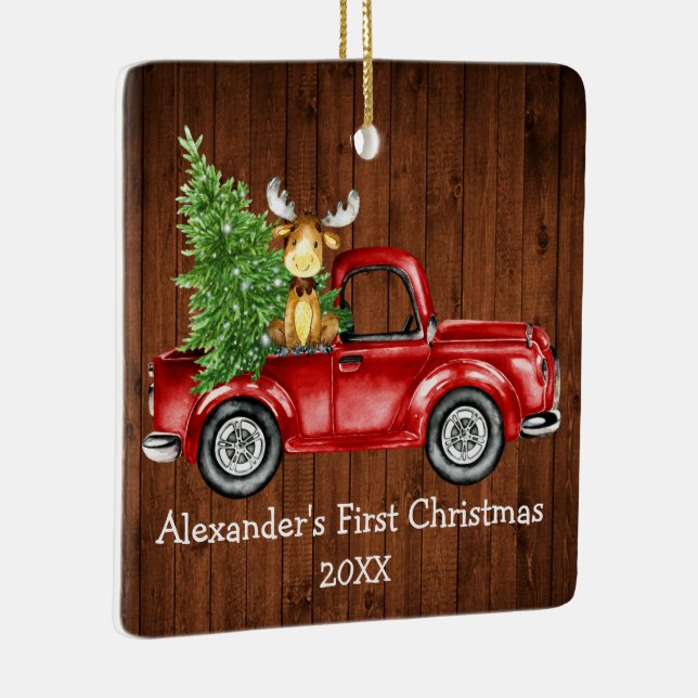 Baby First Christmas Red Truck Elche FOTO BACK Keramikornament (Rechts)