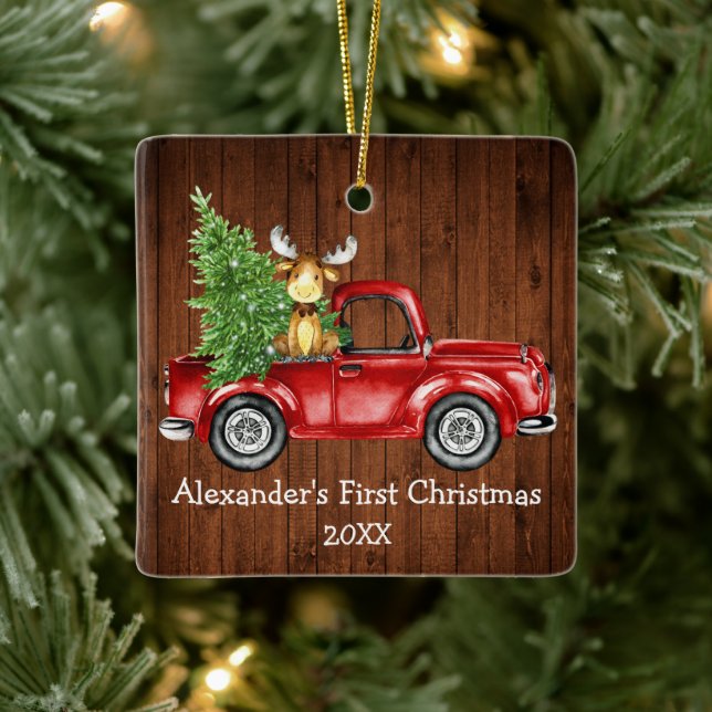 Baby First Christmas Red Truck Elche Rustikal Keramikornament (Baum)