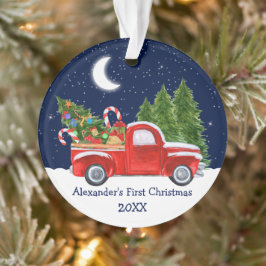 Baby First Christmas Red Truck Forest Stars Sky Ornament