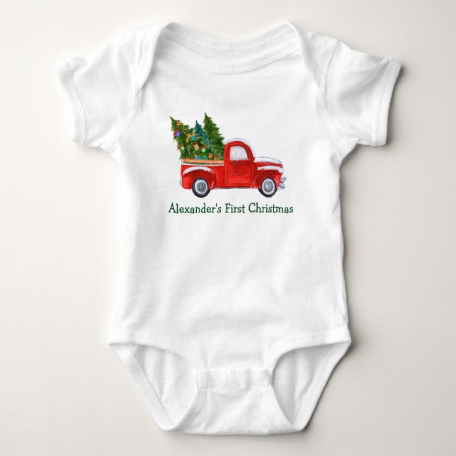 Baby First Christmas Red Truck Green Name Baby Strampler (Vorderseite)