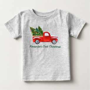 Baby First Christmas Red Truck Green Name Grau T-shirt