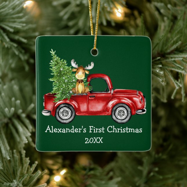 Baby First Christmas Red Truck Moose Green Keramikornament (Baum)