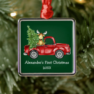 Baby First Christmas Red Truck Moose Green Ornament Aus Metall