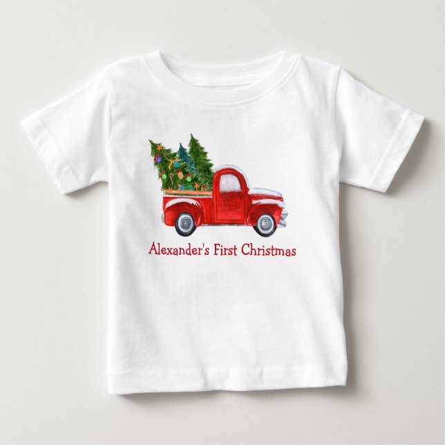 Baby First Christmas Red Truck Roter Name T-shirt (Vorderseite)