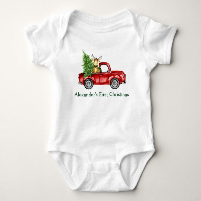 Baby First Christmas Red Truck Tree Elche Baby Strampler (Vorderseite)