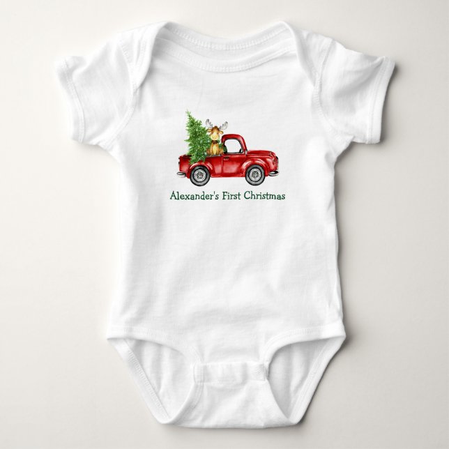 Baby First Christmas Red Truck Tree Elche Strampler (Vorderseite)
