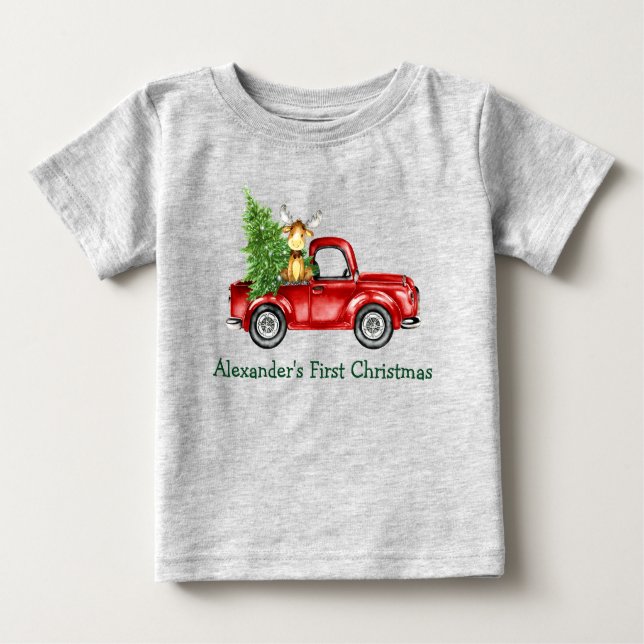 Baby First Christmas Red Truck Tree Moose Gray Baby T-shirt (Vorderseite)