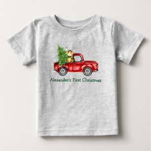 Baby First Christmas Red Truck Tree Moose Gray T-shirt