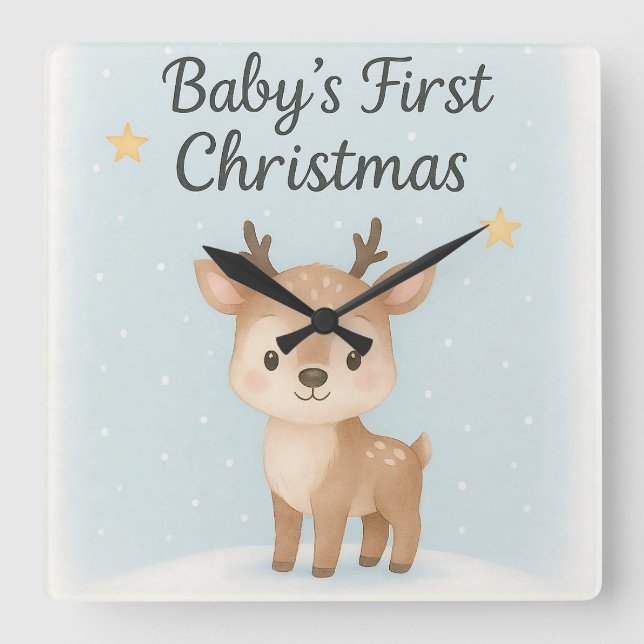 Baby first christmas reindeer cute gentle nursery  quadratische wanduhr (Vorderseite)