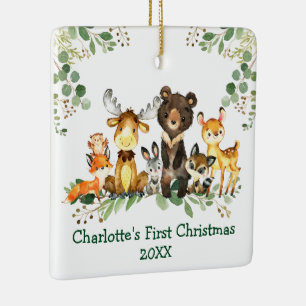 Baby First Christmas Rustic Animals Greenery FOTO Keramikornament