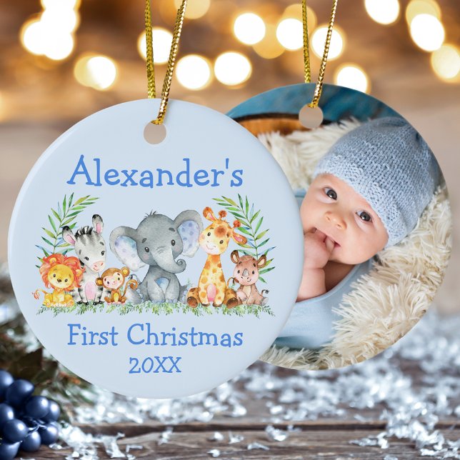 Baby First Christmas Safari Tiere Blue FOTO Keramik Ornament (Customize with name, year and photo on back.)