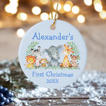 Baby First Christmas Safari Tiere Blue Keramik Ornament<br><div class="desc">Baby's First Christmas Watercolor Safari Baby Animals Ornament. Zu den Kleinkindern zählen Elephant,  Monkey,  Giraffe,  Rhino,  Zebra und Lion auf Farn-Blätter. Botanische Vegetation in Aquarellen. Blauer Text. Name hinzufügen.</div>