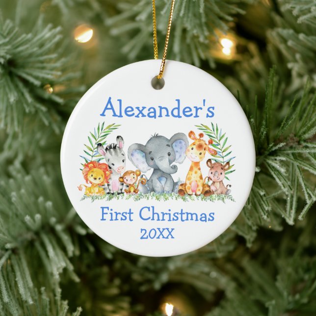 Baby First Christmas Safari Tiere Blue Round Keramik Ornament (Baum)