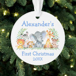 Baby First Christmas Safari Tiere Blue Round Ornament<br><div class="desc">Baby's First Christmas Watercolor Safari Baby Animals Ornament. Zu den Kleinkindern zählen Elephant,  Monkey,  Giraffe,  Rhino,  Zebra und Lion auf Farn-Blätter. Botanische Vegetation in Aquarellen. Blauer Text. Name hinzufügen.</div>