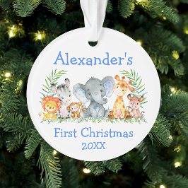Baby First Christmas Safari Tiere Blue Round Ornament