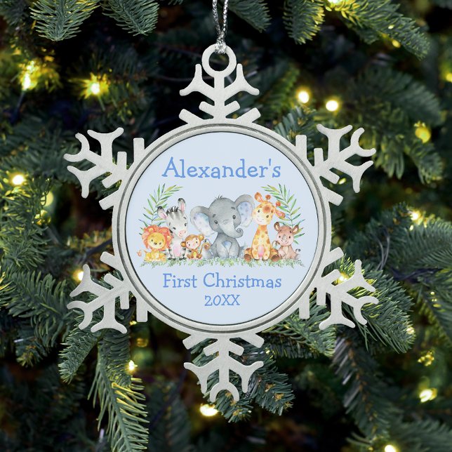Baby First Christmas Safari Tiere Blue Schneeflocken Zinn-Ornament (Customize with name and year.)