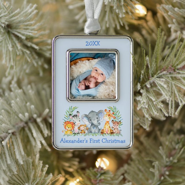 Baby First Christmas Safari Tiere Foto Blue Rahmen-Ornament Silber (Baum)