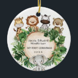 Baby First Christmas Safari Tiere Geburtsstunde Keramik Ornament<br><div class="desc">Dieses skurrile Design zeichnet sich durch eine Gruppe von bezaubernden Safari-Tieren und rustikalen tropischen Pflanzen aus.</div>