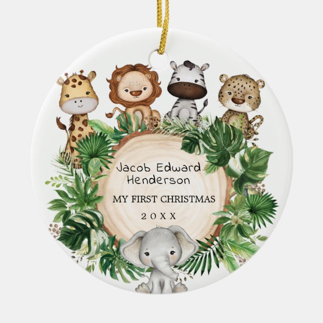 Baby First Christmas Safari Tiere Geburtsstunde Keramik Ornament (Vorne)