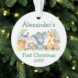 Baby First Christmas Safari Tiere Grüne Runde Ornament<br><div class="desc">Baby's First Christmas Watercolor Safari Baby Animals Ornament. Zu den Kleinkindern zählen Elephant,  Monkey,  Giraffe,  Rhino,  Zebra und Lion auf Farn-Blätter. Botanische Vegetation in Aquarellen. Grüner Text. Name hinzufügen.</div>