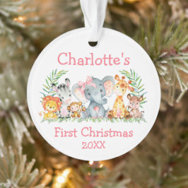 Baby First Christmas Safari Tiere Pink Bow Ornament