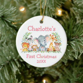 Baby First Christmas Safari Tiere Rosa Runde Keramik Ornament