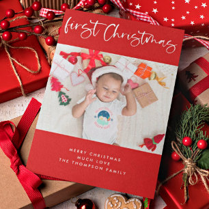 Baby First Christmas Script Foto Christmas Red Feiertagskarte