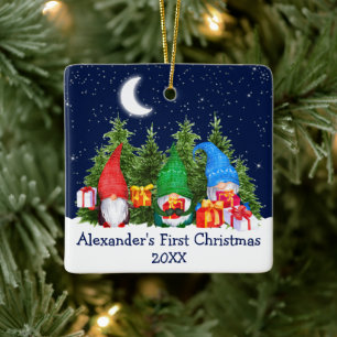 Baby First Christmas Sky Watercolor Gnomes Trees Keramikornament