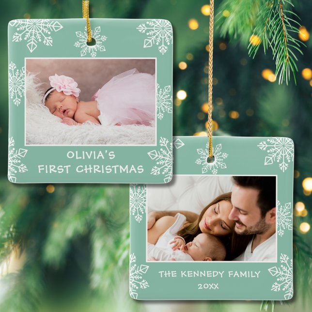 Baby First Christmas Snowflakes 2 Foto Minze Green Keramikornament (Von Creator hochgeladen)