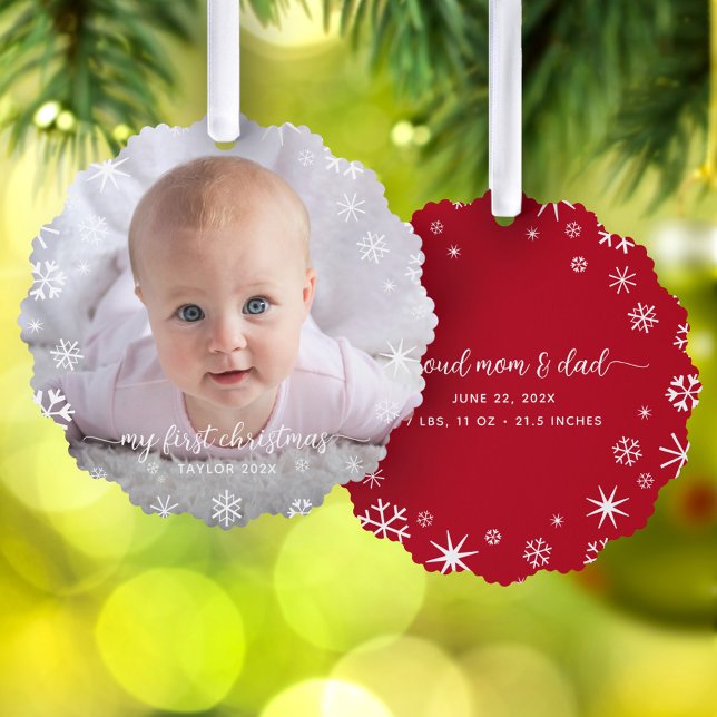 Baby First Christmas Snowflakes Neue Eltern Script Ornament Karte (Von Creator hochgeladen)