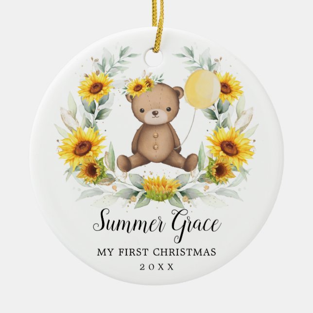Baby First Christmas Teddy Bär Sonnenblumenkranz Keramik Ornament (Vorne)