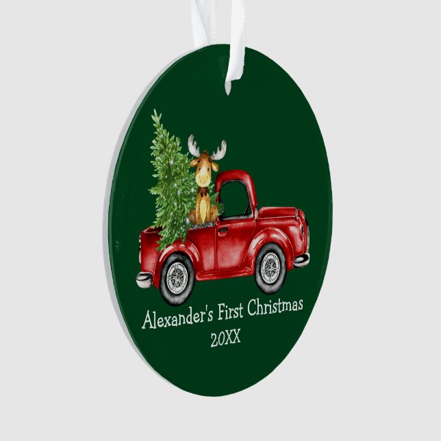 Baby First Christmas Truck Elche FOTO BACK Green Ornament (Vorderseite)