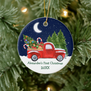 Baby First Christmas Truck Forest Stars Runde Keramik Ornament