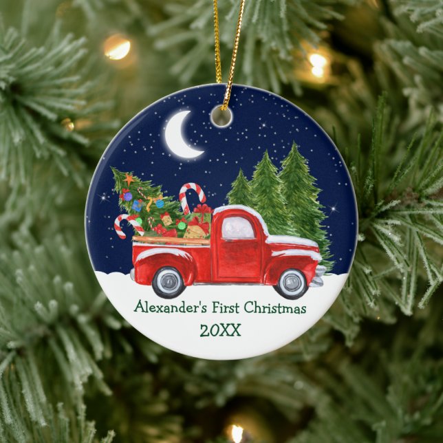 Baby First Christmas Truck Forest Stars Runde Keramik Ornament (Baum)