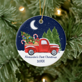Baby First Christmas Truck Forest Stars Sky Round Keramik Ornament