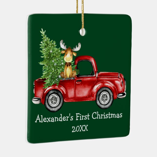 Baby First Christmas Truck Moose Green FOTO BACK Keramikornament (Rechts)