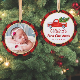 Baby First Christmas Truck Rotes Kariertes Foto Ornament