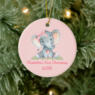 Baby First Christmas Wassercolor Pink Bow Elephant Keramik Ornament