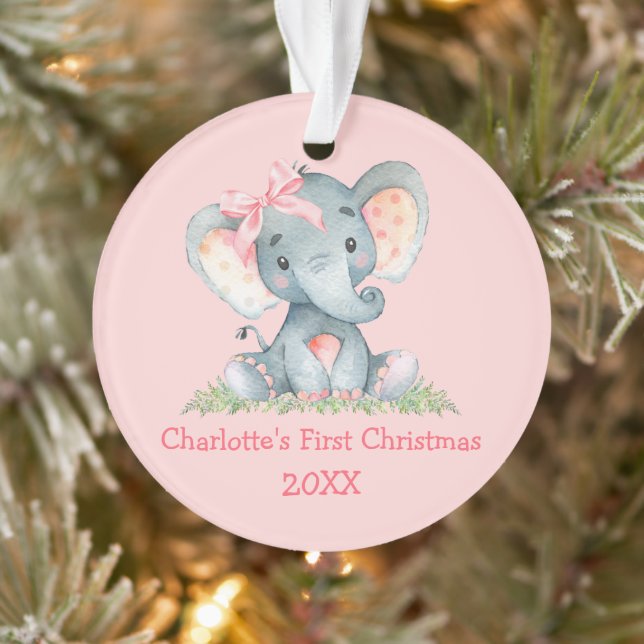 Baby First Christmas Wassercolor Pink Bow Elephant Ornament (Baum)