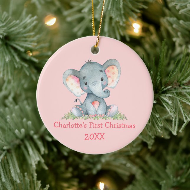 Baby First Christmas Wasserfarbe Elephant Pink Keramik Ornament (Baum)
