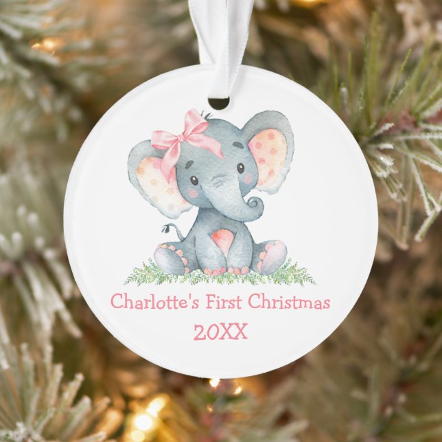 Baby First Christmas Wasserfarbe Rosa Elephant Bow Ornament (Baum)