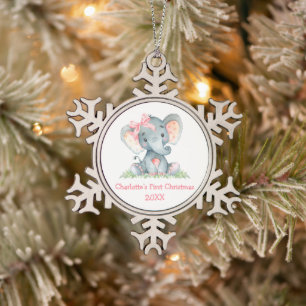 Baby First Christmas Wasserfarbe Rosa Elephant Bow Schneeflocken Zinn-Ornament