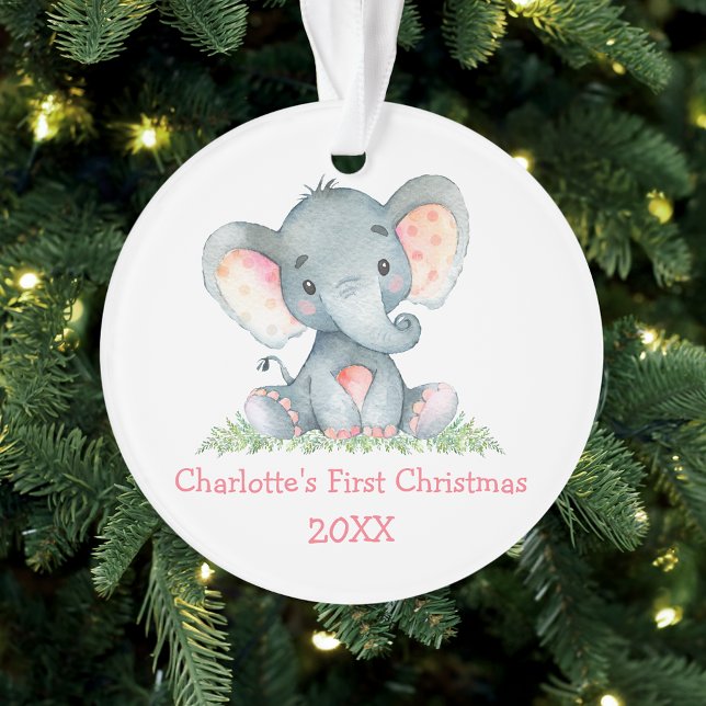 Baby First Christmas Wasserfarbe Rosa Elephant Ornament (Customize with name and year.)