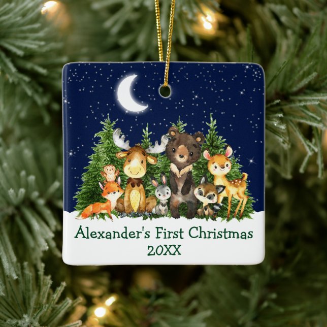 Baby First Christmas Wasserfarbenwaldtiere Keramikornament (Baum)