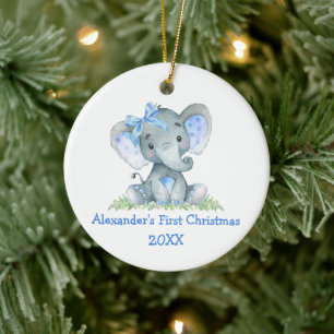 Baby First Christmas Watercolor Blue Elephant Bow Keramik Ornament
