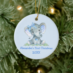 Baby First Christmas Watercolor Elephant Blue Bow Keramik Ornament
